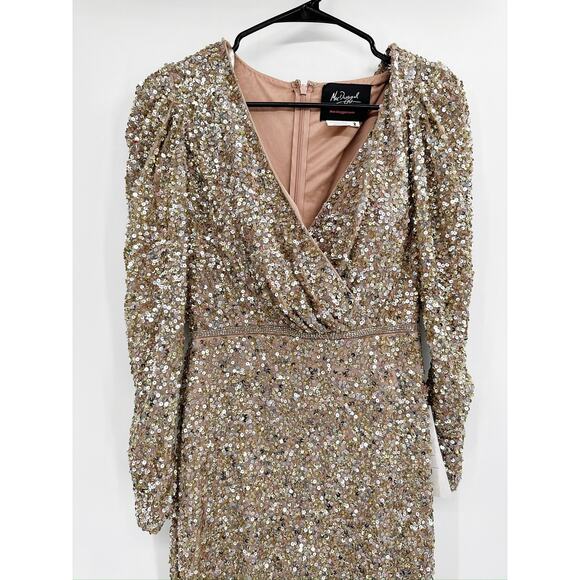 Mac Duggal 5510 Gold Puff Shoulder Sequined Surplice Gown 2 NEW - Picture 4 of 8